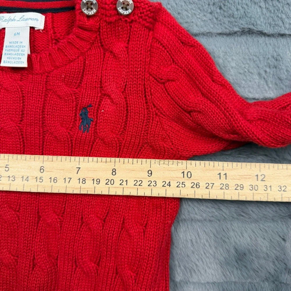 Ralph Lauren Baby Red Cable Knit Cotton Sweater 6M Button Shoulder Pullover